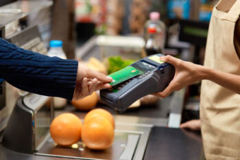 Transazione contactless con carta di credito e POS.