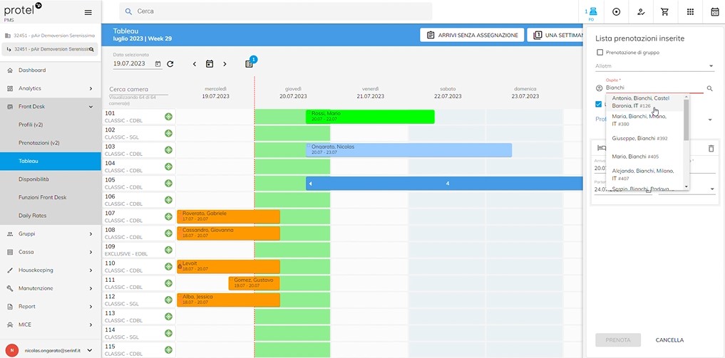 prenotazioni tableau protel PMS screen 2