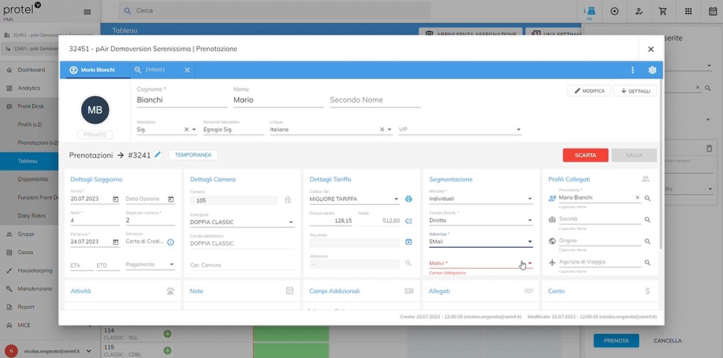 prenotazioni tableau protel PMS screen 3