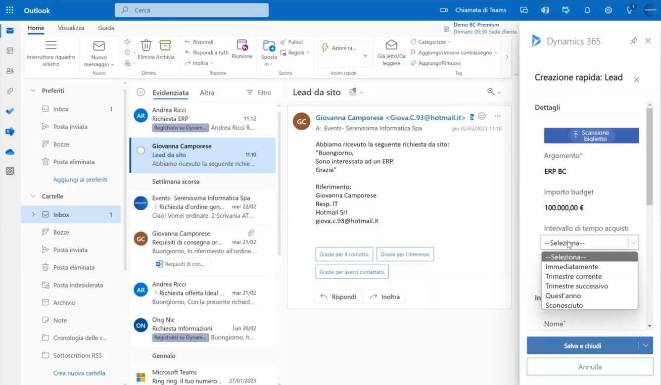 Importare lead da Outlook a Sales