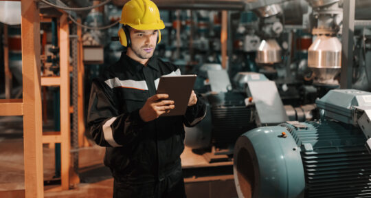 cover blog distinta base operaio che verifica dati su tablet in reparto