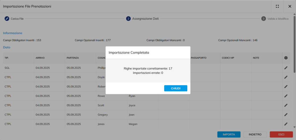 Rooming list protel importazione completata