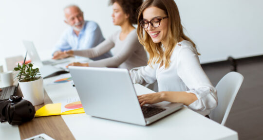 Ragazza utilizza un IDS Internet Distribution System al pc per l'offerta dell'albergo